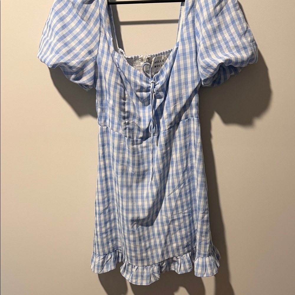 Hello Molly Light Blue and White Gingham Puff Sleeve Mini Dress